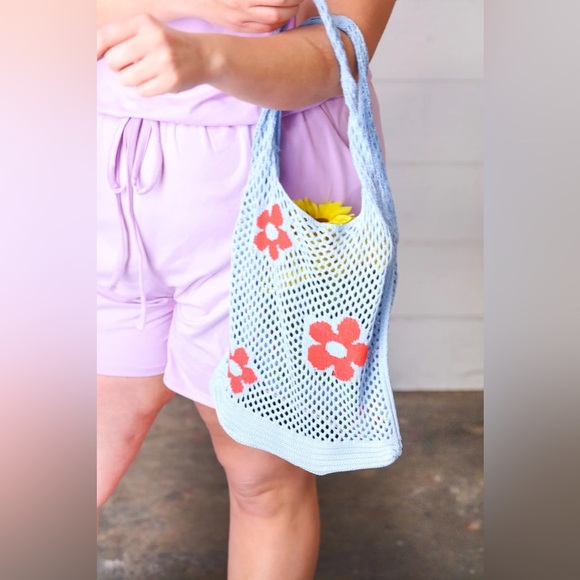 Sky Blue Crochet Tote Hobo Bag - Picture 1 of 9